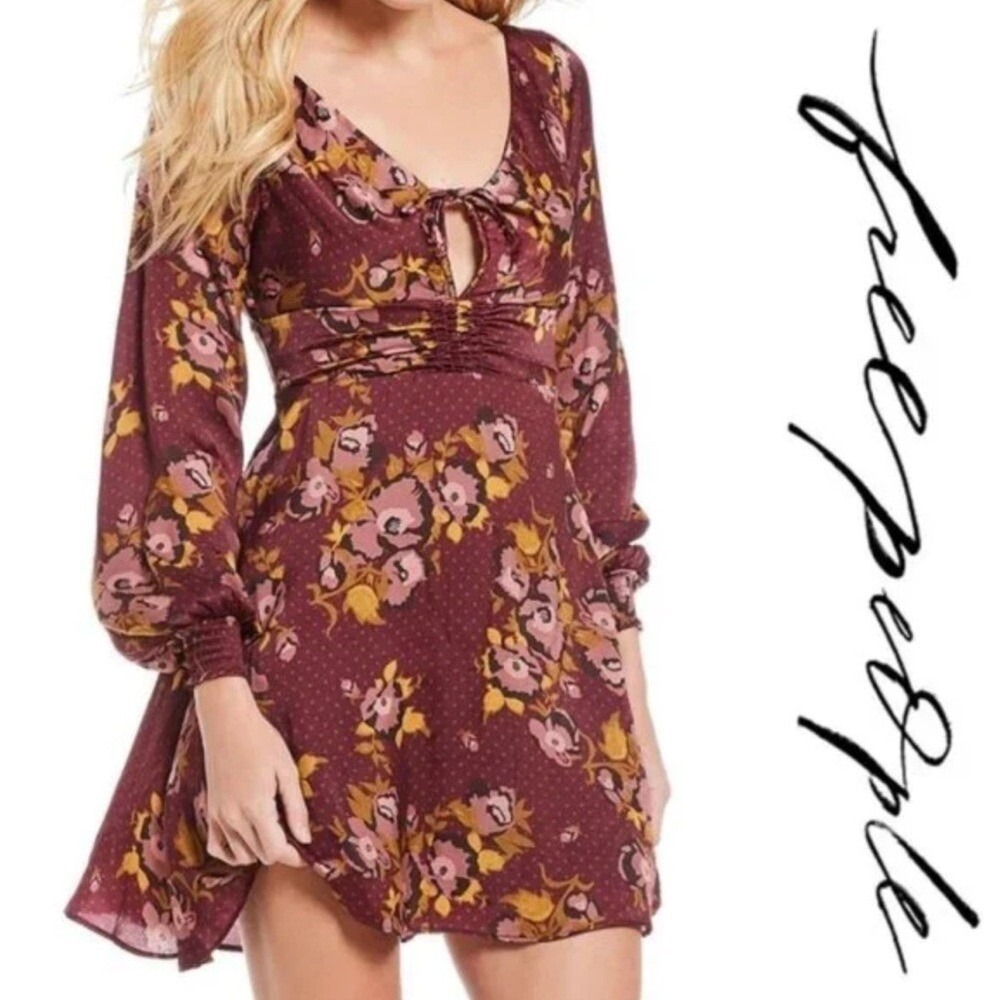 Free People Morning Light Floral Mini Dress Burgundy Boho Long Sleeve Size 0